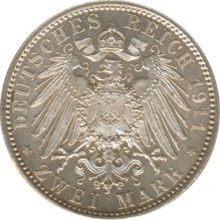 Bayern 2 Mark 1911 D 90. Geburtstag von Prinzregent Luitpold Silber*