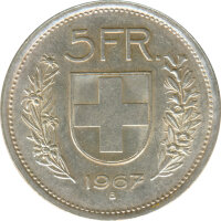 Schweiz 5 Franken 1967 B Hirtenbüste Silber*