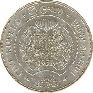 Ceylon 5 Rupees 1957 2.500 Jahre Buddismus Silber*